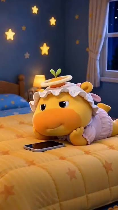 噜妹 in her frilly bonnet, lying on a bed with a phone