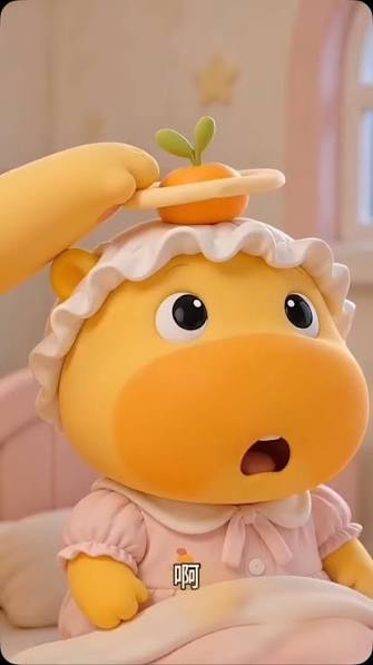 Close-up of 噜妹 in her frilly bonnet with an orange on top, looking surprised