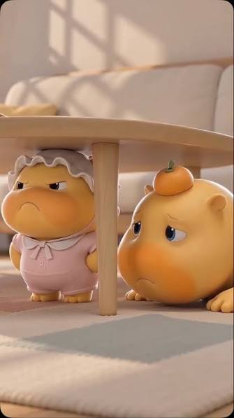 噜妹 and 噜噜 sitting side by side under a table, both looking glum